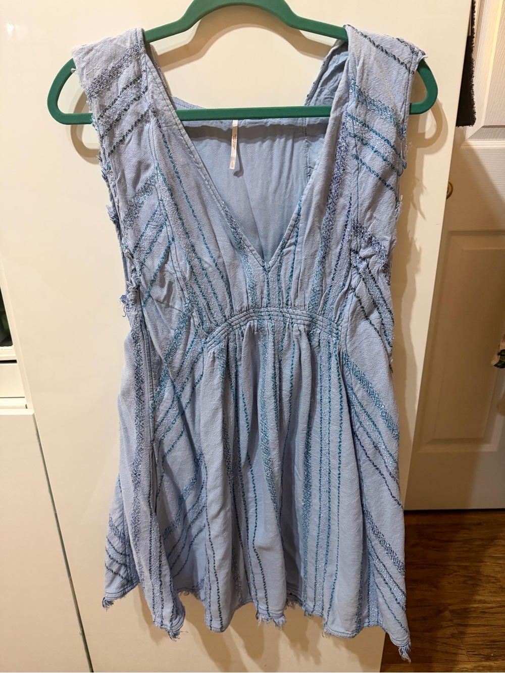 Vintage Free People Light Blue Textured Embroidered V-Neck Sundress